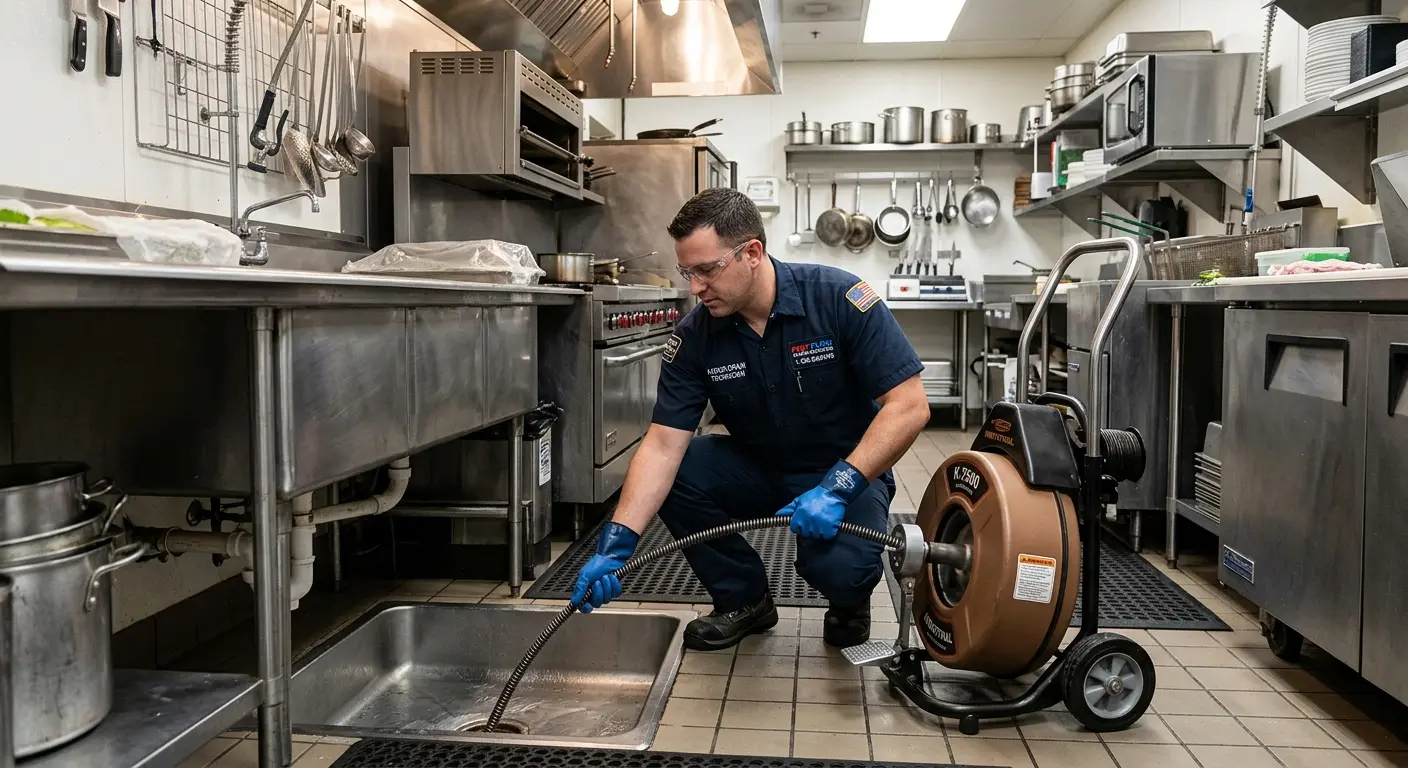Commercial drain cleaning service in a restaurant kitchen in Redland