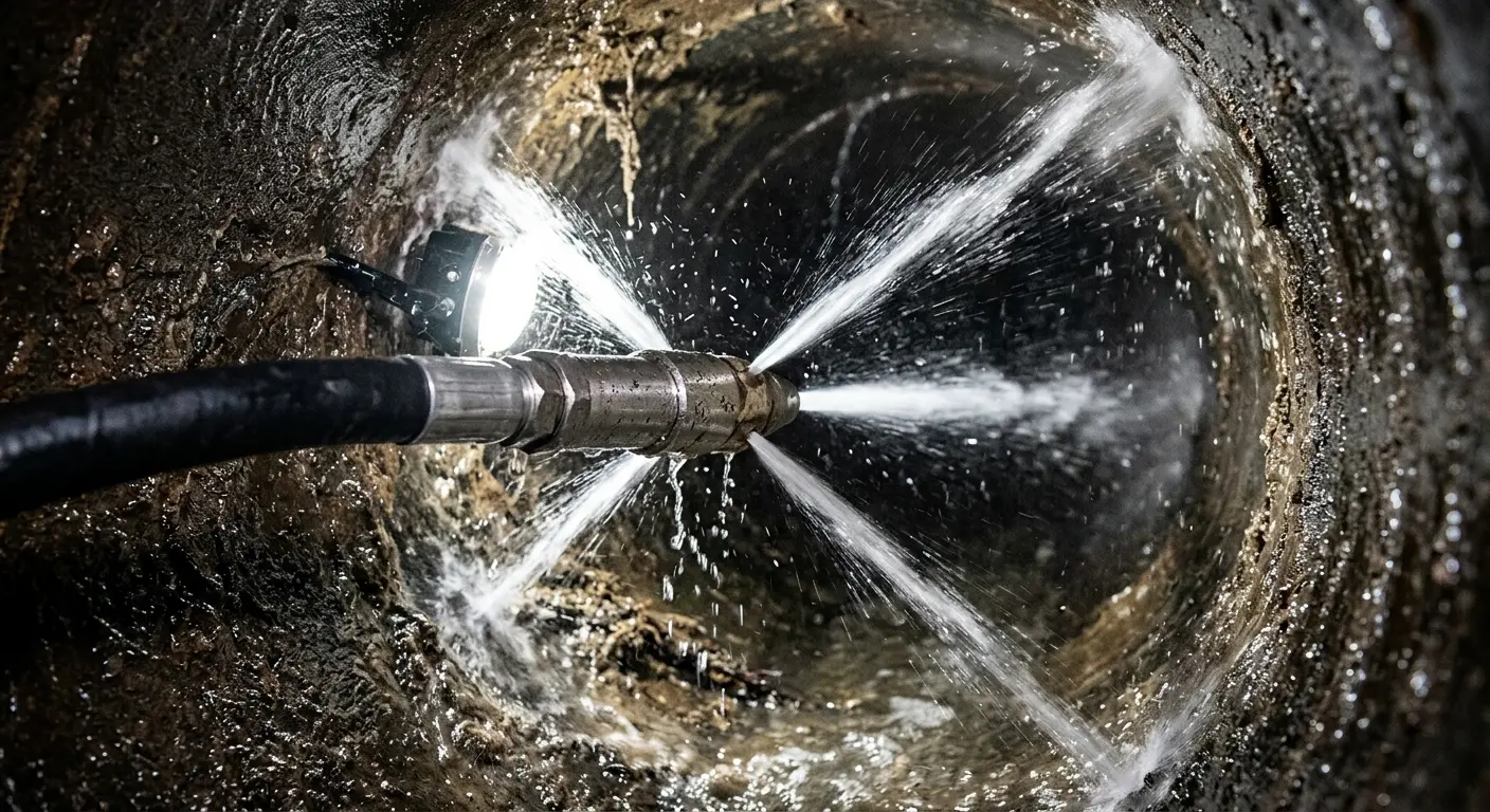 High-pressure hydro jetting nozzle cleaning sewer pipe for Emergency Drain Service in Redland