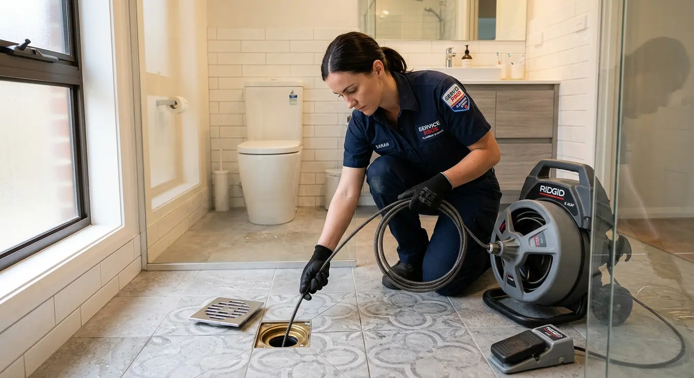Technician clearing a bathroom floor drain for Hydro Jetting in Redland